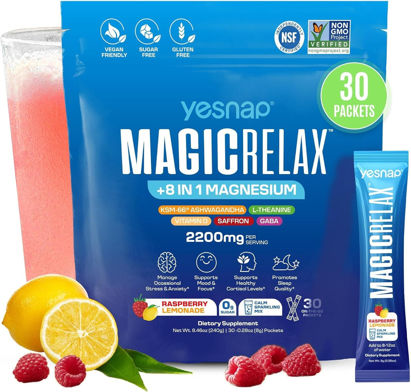 MAGICRELAX Calming Sparking Mix 8-in-1 Magnesium  Raspberry Lemonade Flavor