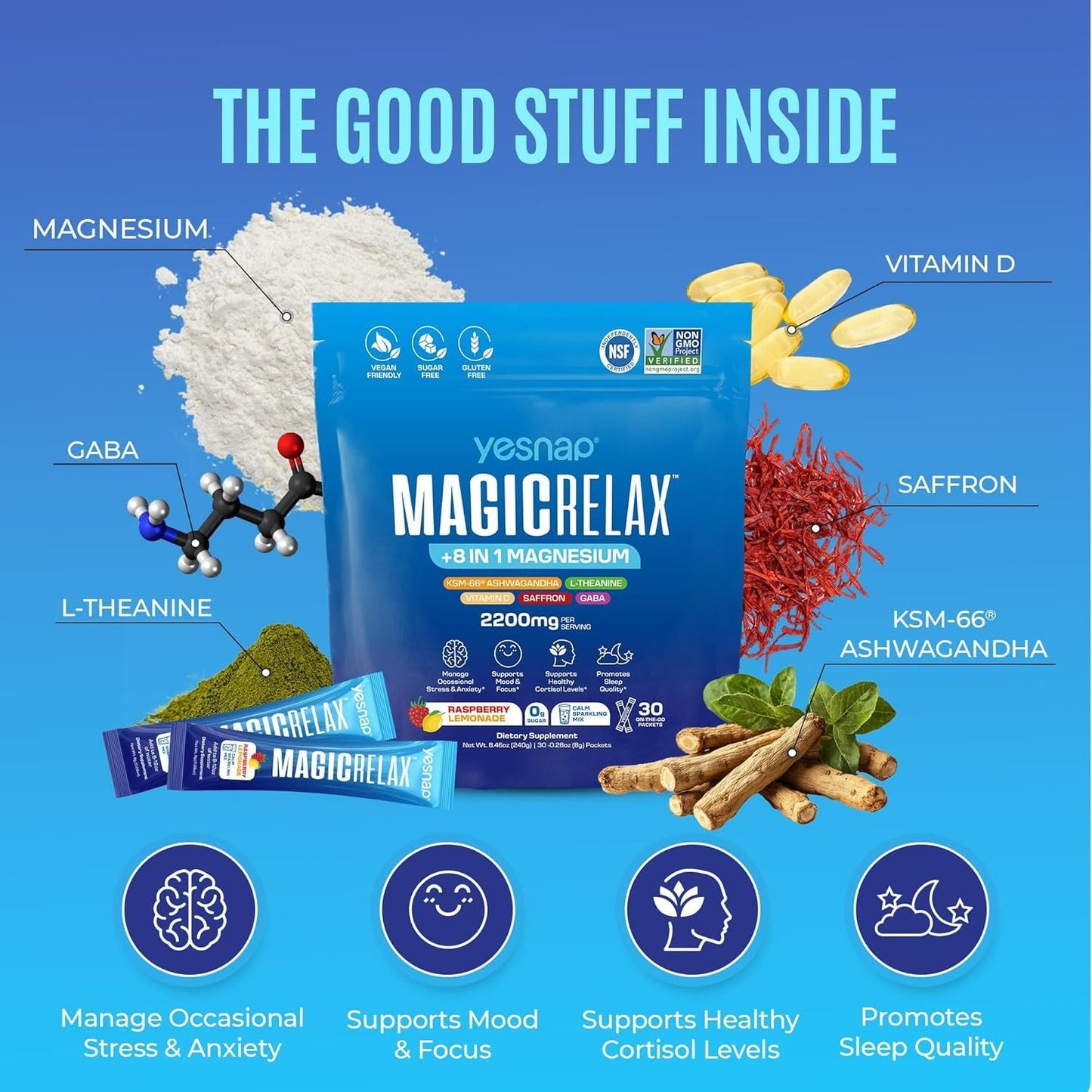 MAGICRELAX Calming Sparking Mix 8-in-1 Magnesium  Raspberry Lemonade Flavor